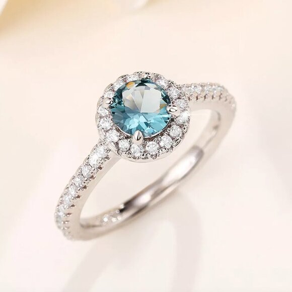 NEW 14k White Gold Blue Topaz Diamond Ring Halo Round Cut - Picture 7 of 8